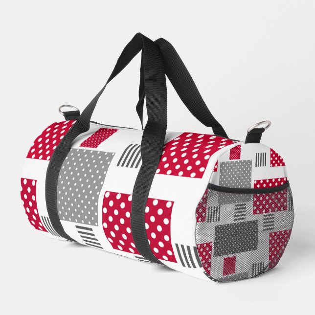 Gray red polka dot patchwork on white background duffle bag (Right Corner)