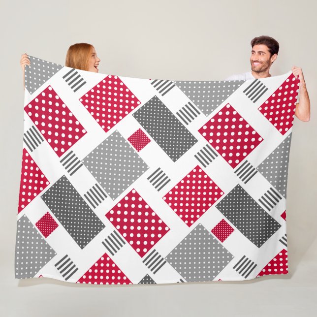 Gray red polka dot patchwork on white background fleece blanket (In Situ)