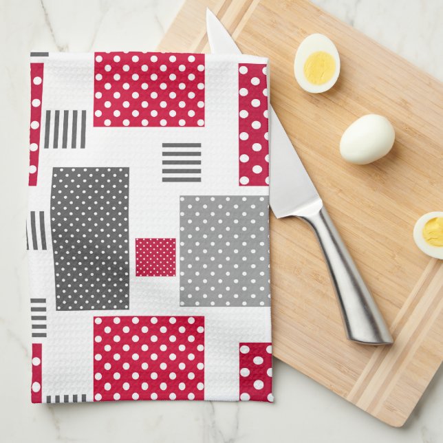 Gray red polka dot patchwork on white background kitchen towel (Quarter Fold)