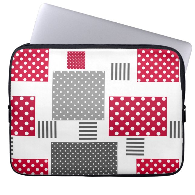 Gray red polka dot patchwork on white background laptop sleeve (Front)