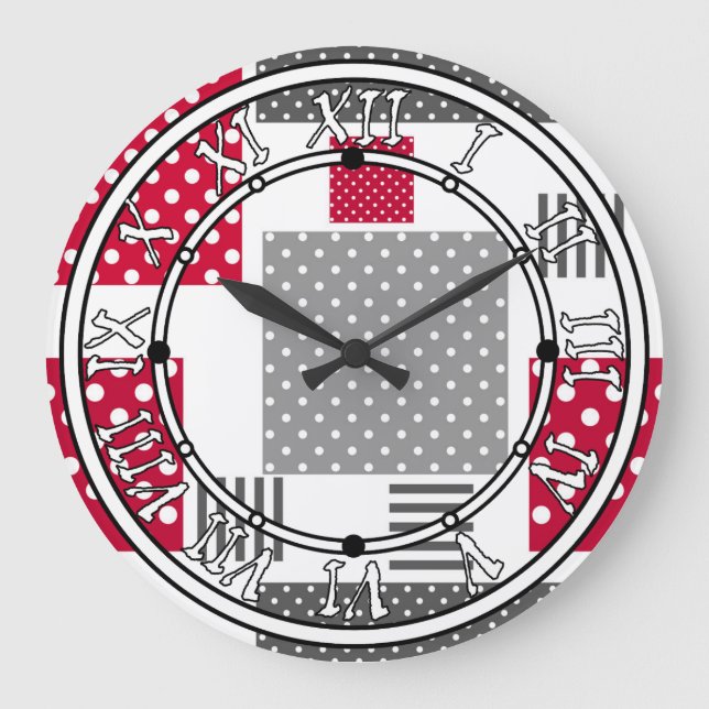 Gray red polka dot patchwork on white background large clock (Front)