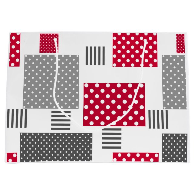 Gray red polka dot patchwork on white background large gift bag (Front)