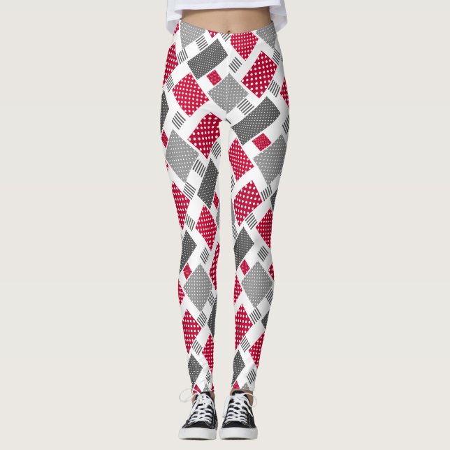 Gray red polka dot patchwork on white background leggings (Front)