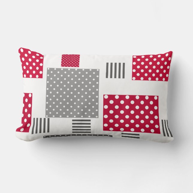 Gray red polka dot patchwork on white background lumbar pillow (Front)