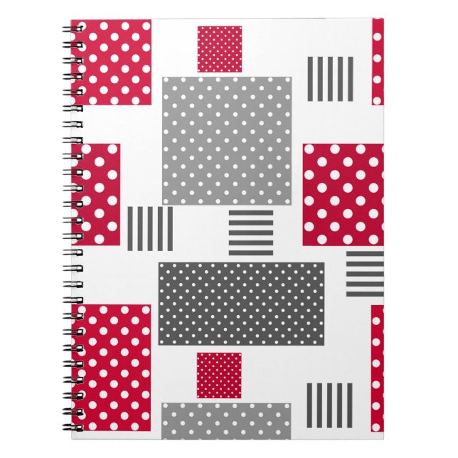 Gray red polka dot patchwork on white background notebook (Front)