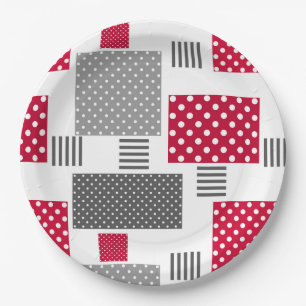 Gray red polka dot patchwork on white background paper plates