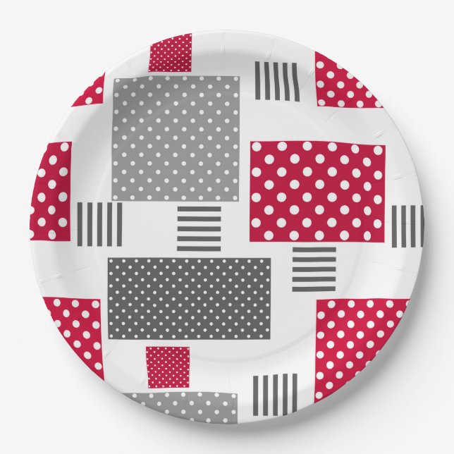 Gray red polka dot patchwork on white background paper plates (Front)