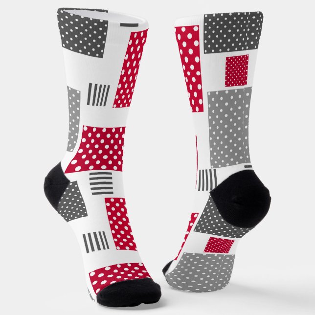 Gray red polka dot patchwork on white background socks (Angled)