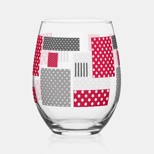 Gray red polka dot patchwork on white background stemless wine glass (Front)