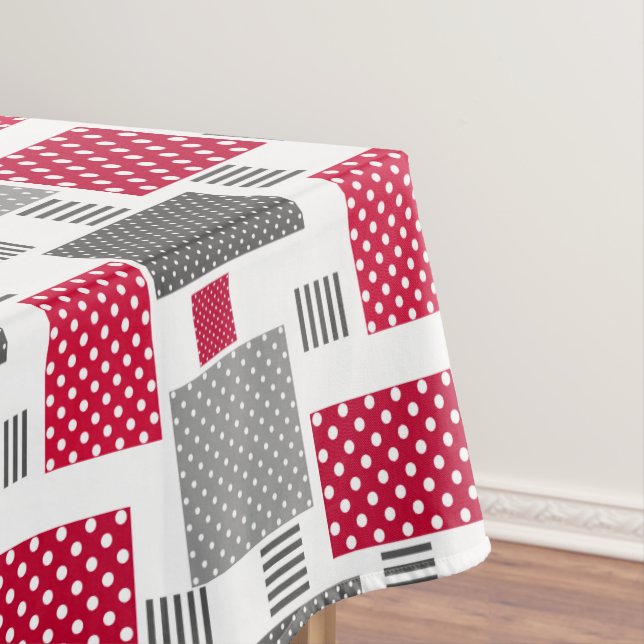 Gray red polka dot patchwork on white background tablecloth (In Situ)