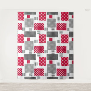 Gray red polka dot patchwork on white background tapestry