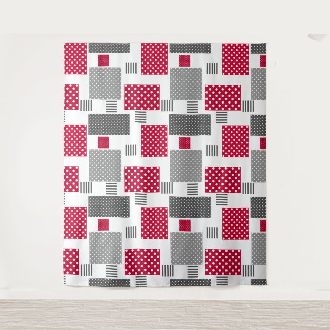 Gray red polka dot patchwork on white background tapestry (Front)
