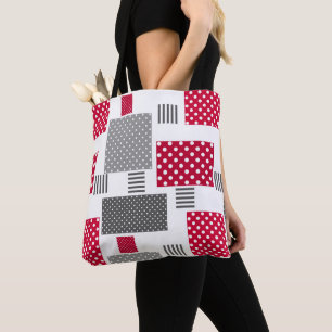 Gray red polka dot patchwork on white background tote bag