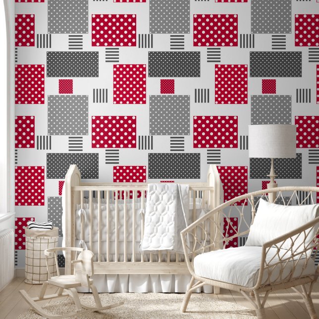 Gray red polka dot patchwork on white background wallpaper  (Kids)