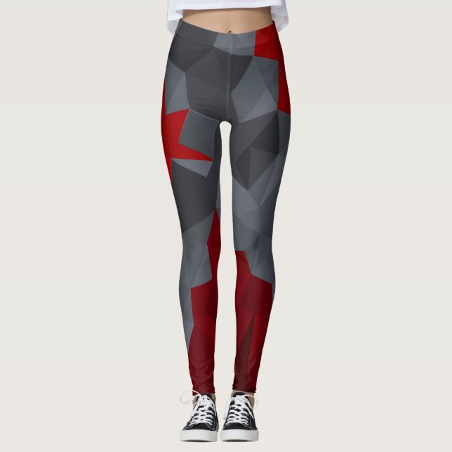 Gray, red randomly arranged triangles. leggings (Front)