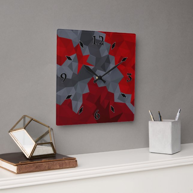 Gray, red randomly arranged triangles. square wall clock (Office)
