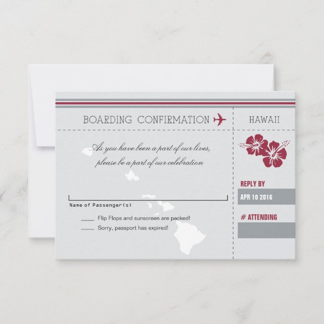 Gray Red RSVP Boarding Pass TO HAWAII Card (Front)