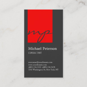 Gray Red Stripe Script Monogram Business Card