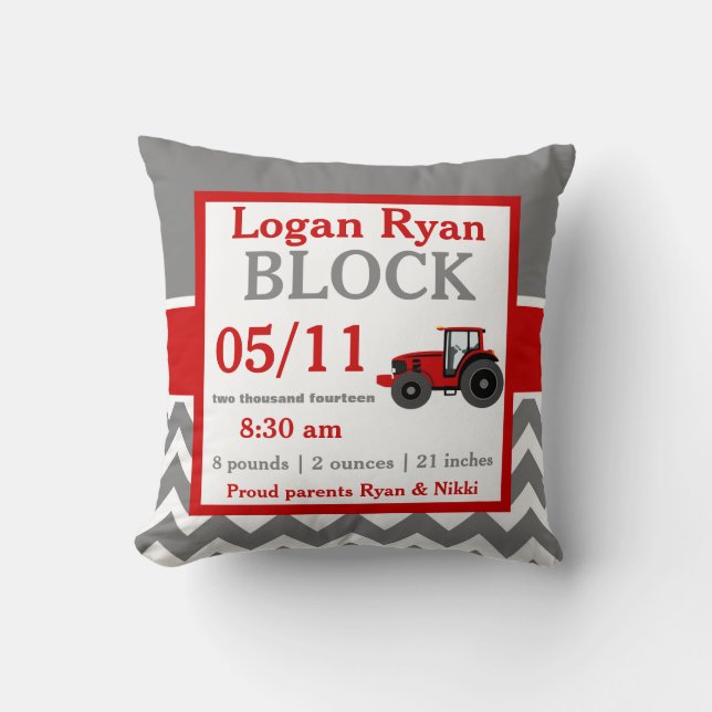 Gray Red Tractor Baby Announcement Pillow (Front)