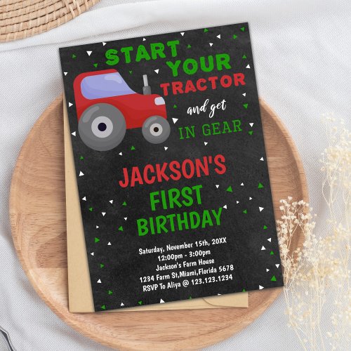 Gray Red Tractor Birthday Invitations