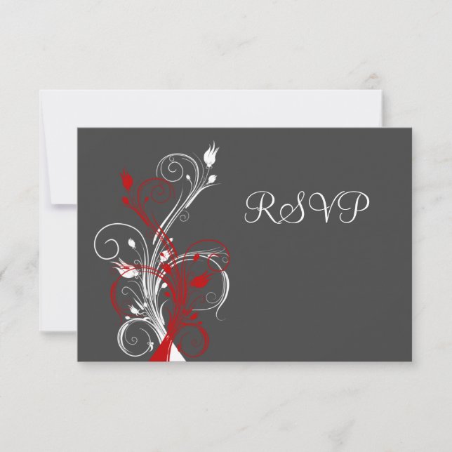 Gray, Red, White Floral RSVP Card (Front)