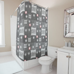 gray red white shower curtain