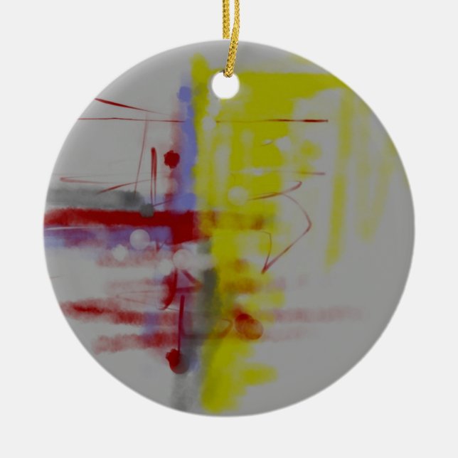 Gray Red Yellow Abstract Expressionist Ceramic Ornament (Front)