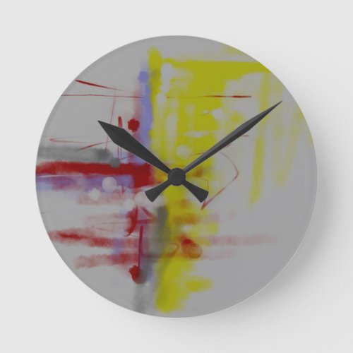 Gray Red Yellow Abstract Expressionist Round Clock