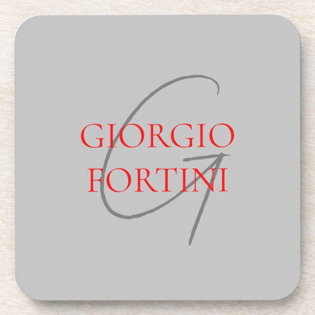 Gray Red Your Name Initial Monogram Modern Beverage Coaster (Front)