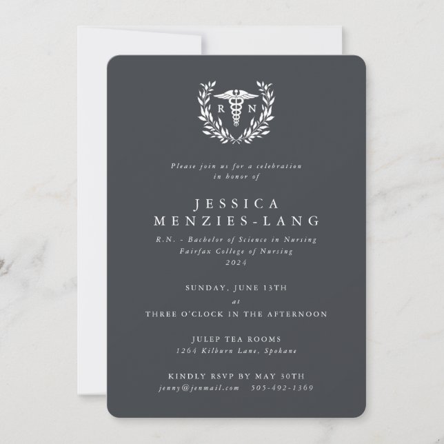 Gray Registered Nurse Caduceus+Laurel Wreath Invitation (Front)