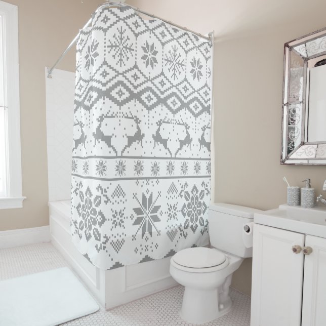 Gray Reindeer And Snowflakes Pattern Shower Curtain (In Situ)