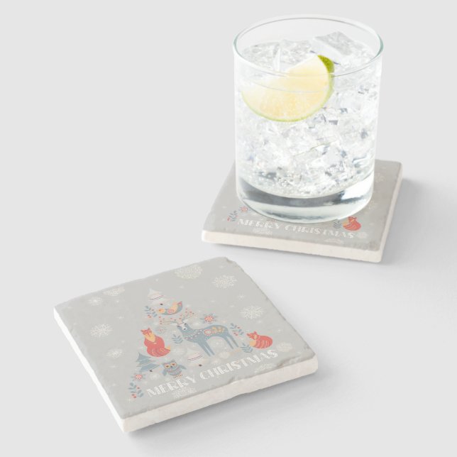 Gray Reindeer Scandinavian Snowflake Tree Animal Stone Coaster (Side)