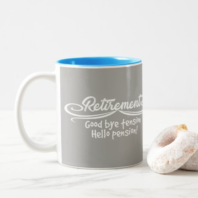 Gray Retirement good bye tension hello pension Two-Tone Coffee Mug (With Donut)