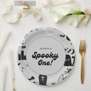 Gray Retro Grooy Spooky One Halloween 1st Birthday Paper Plates