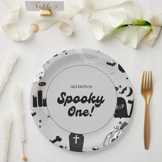 Gray Retro Grooy Spooky One Halloween 1st Birthday Paper Plates (Wedding)