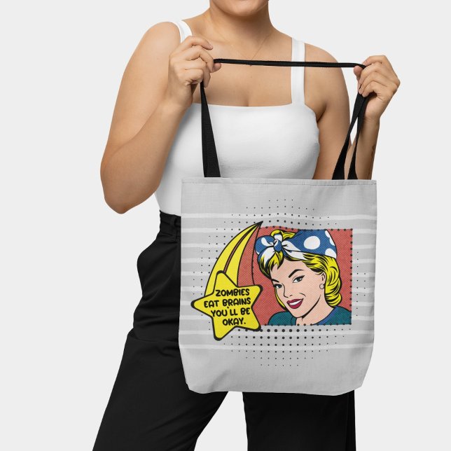 Gray Retro Pop Art 50s Housewife Funny Phrase Tote Bag (Creator Uploaded)