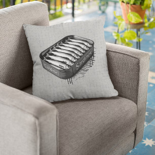 Gray Retro Style Sardine Art Funny Fish Food   Throw Pillow