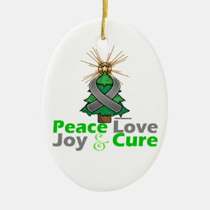 Gray Ribbon Christmas Peace Love, Joy & Cure Ceramic Ornament