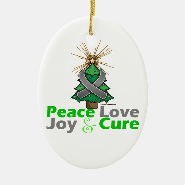 Gray Ribbon Christmas Peace Love, Joy & Cure Ceramic Ornament (Front)