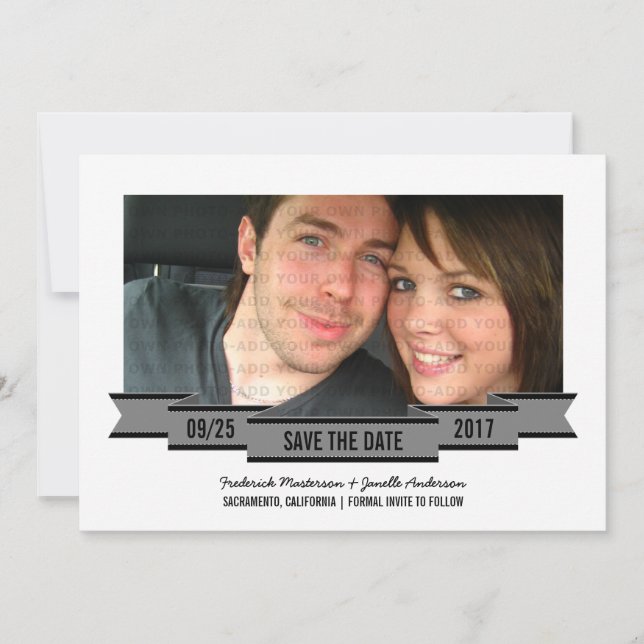 Gray Ribbon Photo Save the Date Invite (Front)