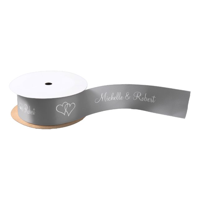 Gray ribbon with wedding couple name and hearts (Spool)