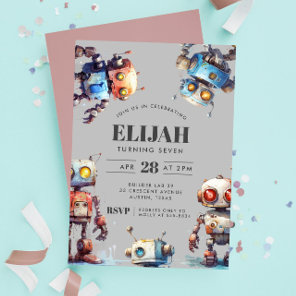 Gray Robots Tech Gear Builder Birthday Party Invitation