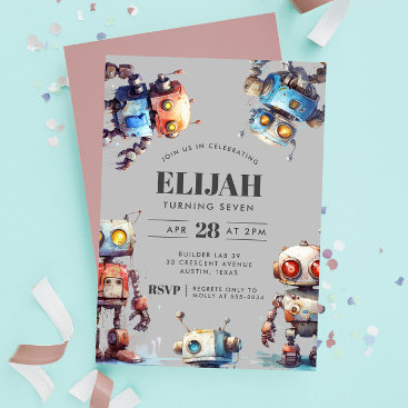 Gray Robots Tech Gear Builder Birthday Party Invitation