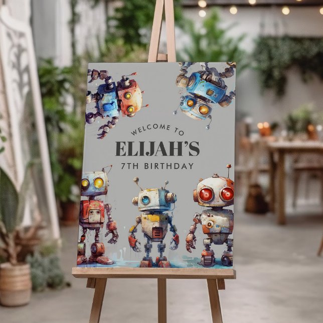 Gray Robots Tech Gear Builder Birthday Party Sign (Creator Uploaded)