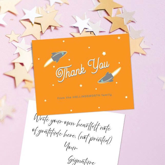 Gray Rockets and Stars Navy Orange Thank You Card (Creator Uploaded)