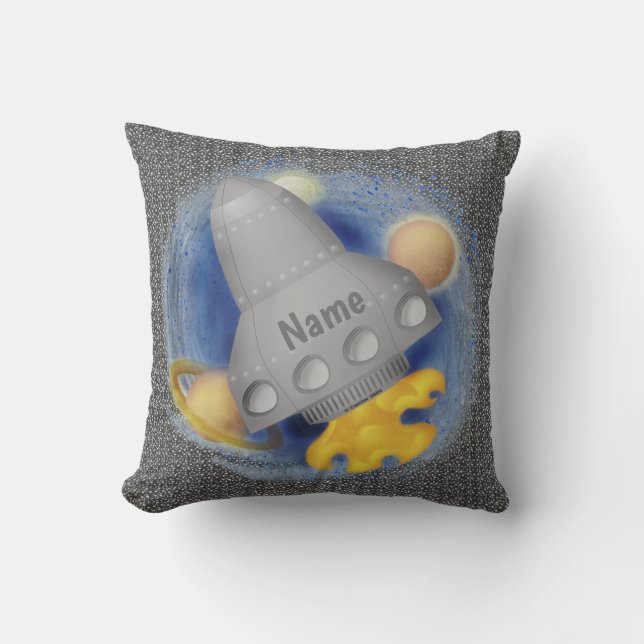 Gray Rocketship Throw Pillow (Front)