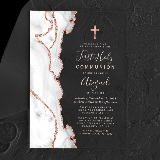 Gray Rose Gold Agate Pink First Holy Communion Acrylic Invitations (Creator Uploaded)