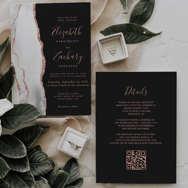 Gray Rose Gold Agate Slate Black QR Code Wedding Invitation (Creator Uploaded)