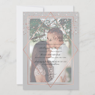 Gray Rose Gold Confetti Border Photo Engagement Invitation