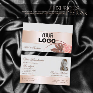 Gray Rose Gold Decor Cute Flower with Logo Photo Business Card